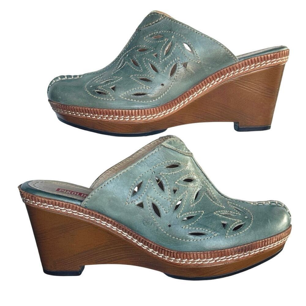 PIKOLINOS Leather Floral Wedges | High Heel Mule Clogs Sz US 7.5/ EU 38 in Mint